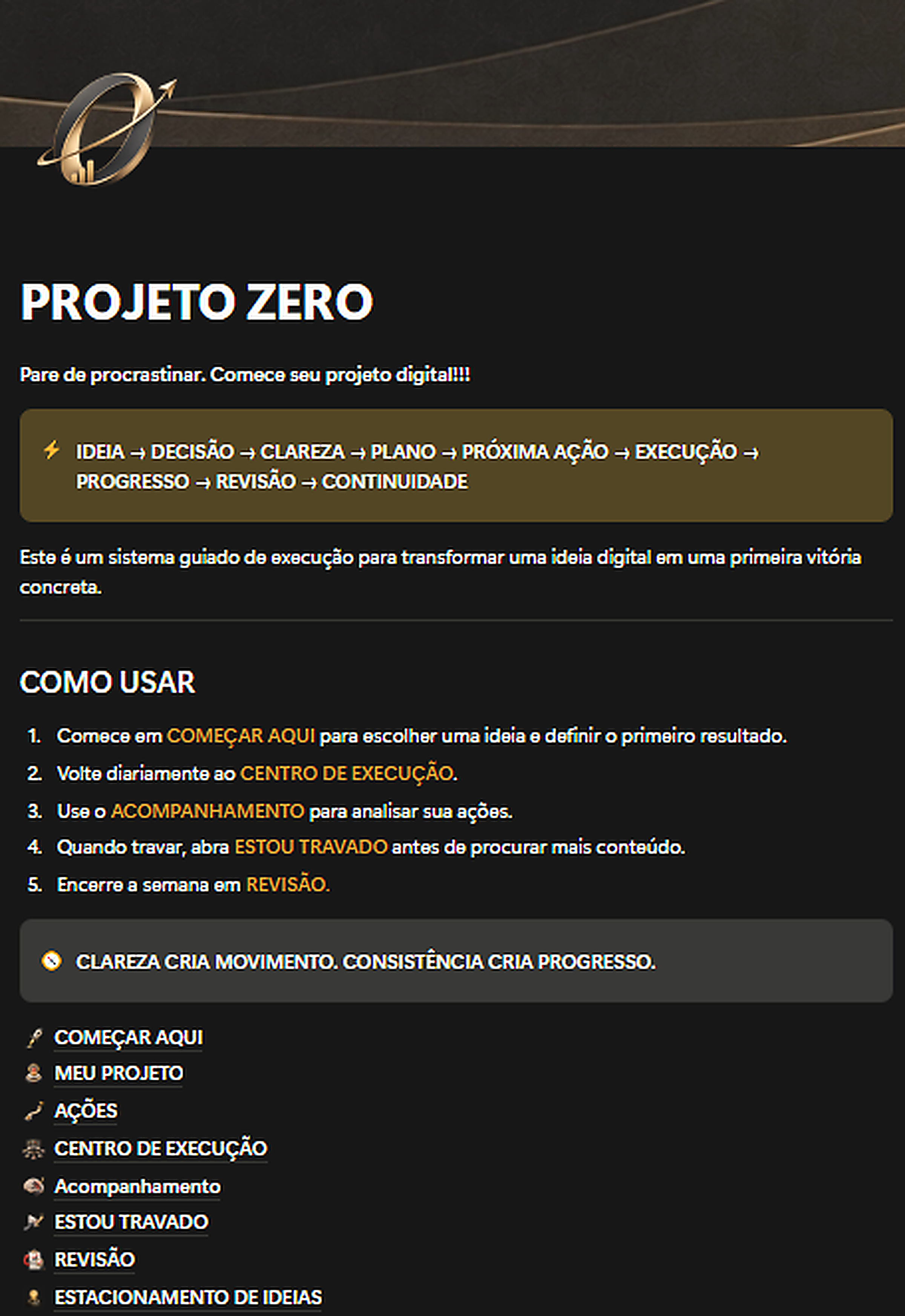 Print da página Projeto Zero do template no Notion